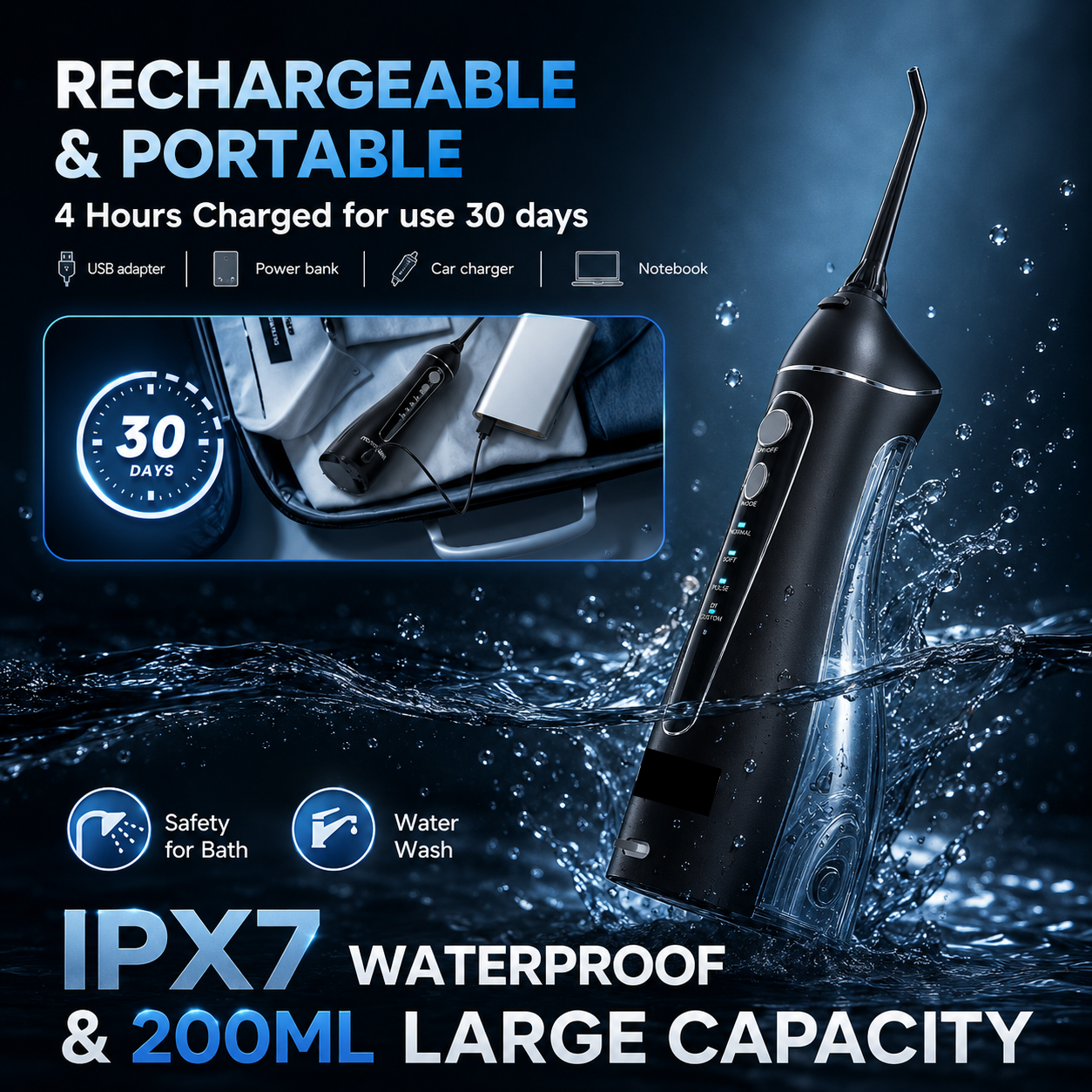 Pro Water Flosser — Cordless Portable Oral Irrigator, 3 Modes, Rechargeable
